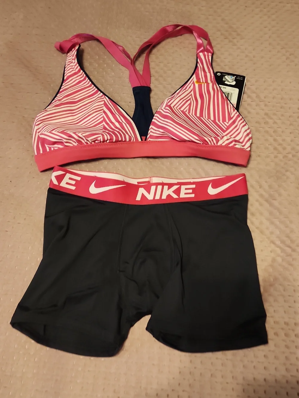 Nike Women’s Pink Patterned Bikini Top with Black Swim Shorts